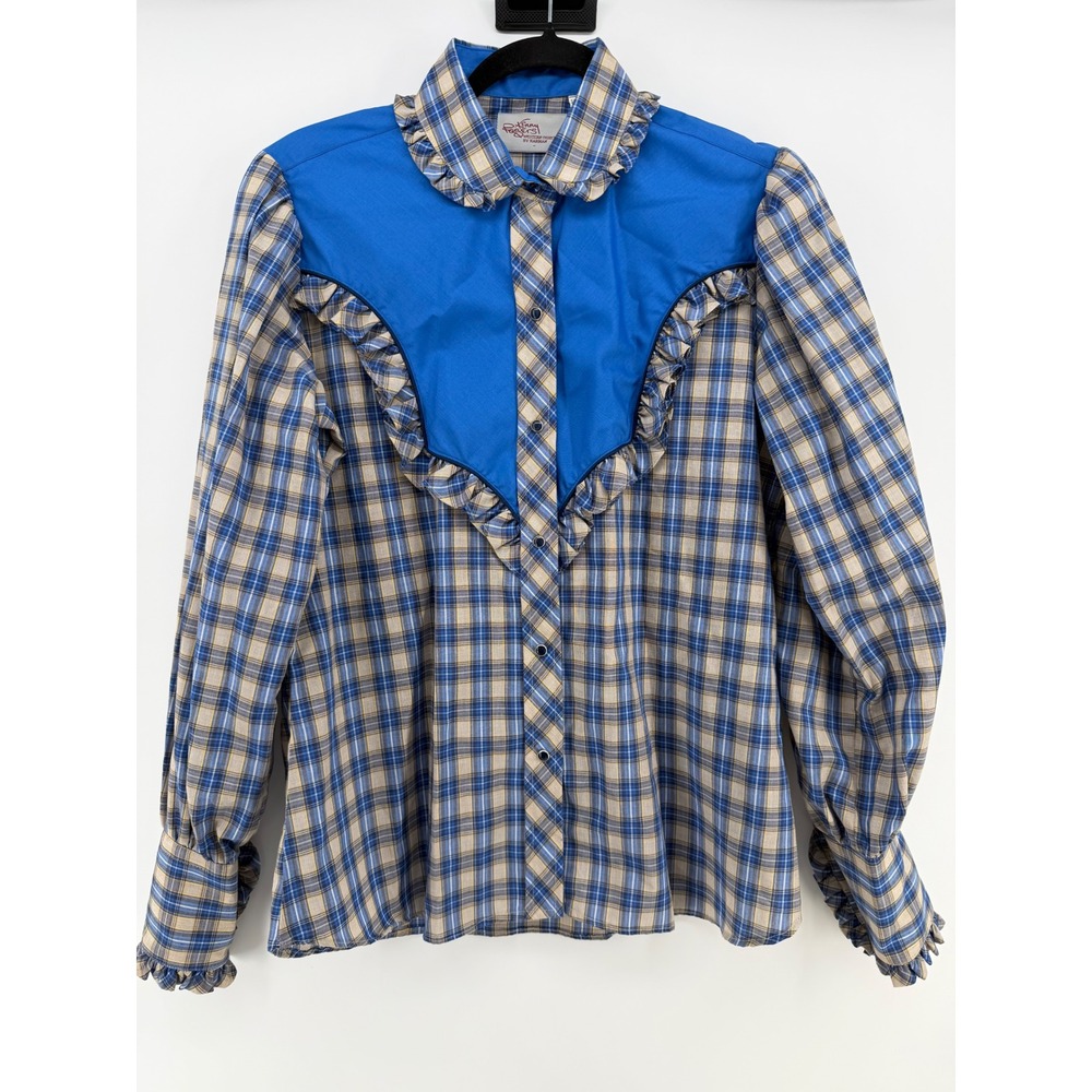 Vintage Kenny Rogers Karman Western Pearl Snap Shirt Plaid Ruffle USA 36 M/L
